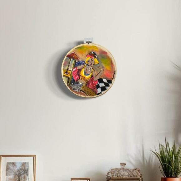 Hand-Painted Canvas Art of Elegant Woman with Cat - Vibrant Modern Wall Decor - Picture 1 of 5